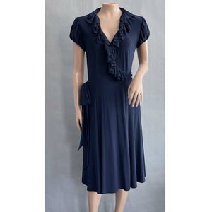Lauren Ralph Lauren Dress Women 4 Navy Blue True Wrap Ruffle Jersey Stretch